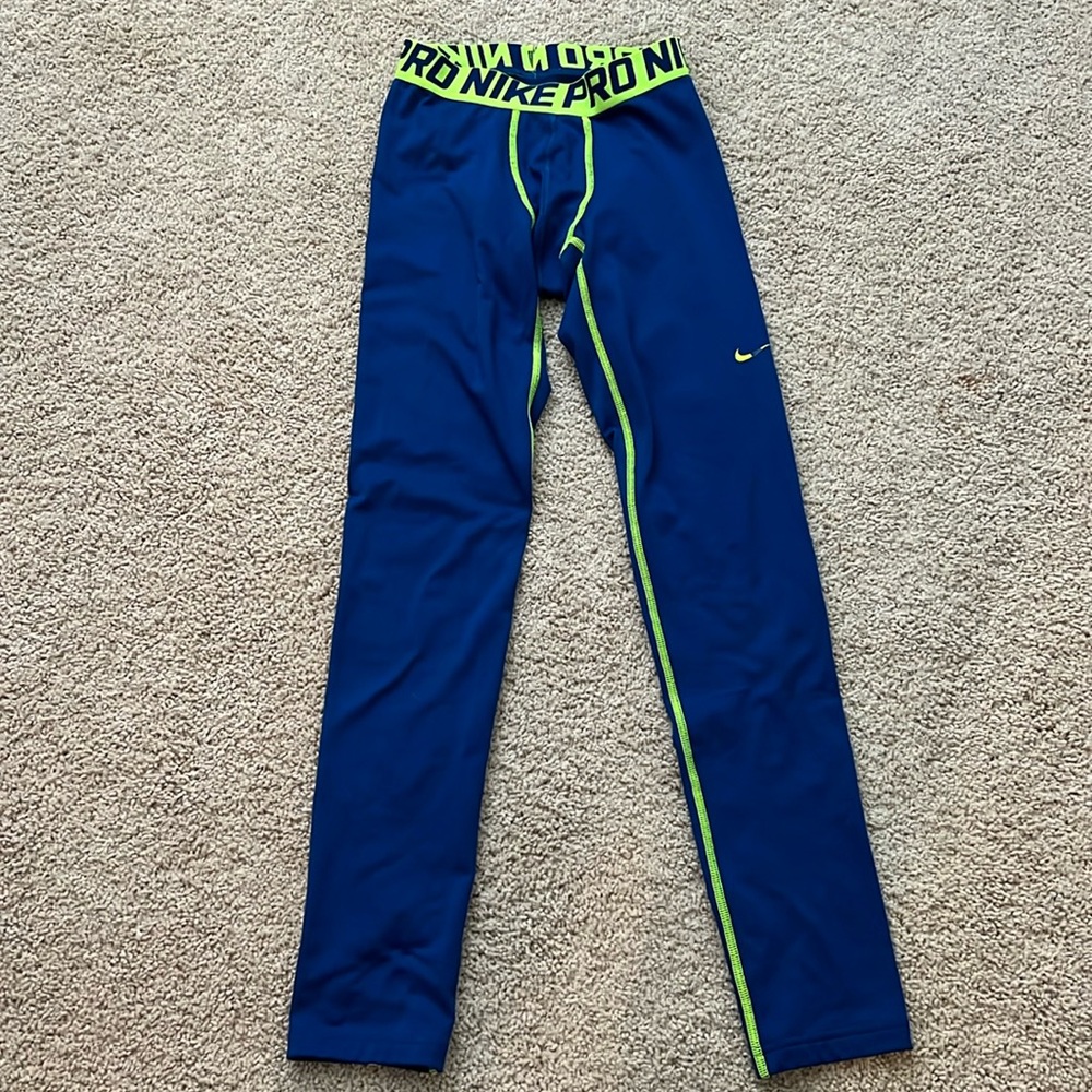 Nike Pro Leggings Girls XL Full Length Blue Yoga Pants Logo Dri Fit